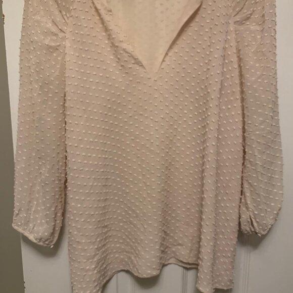 Aritzia Babaton Augusta Silk Blouse Swiss Dot Pink Split Neck Size L Elegant - Picture 1 of 3